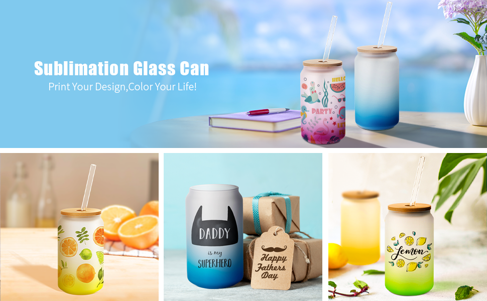 Joytra Sublimation Glass Cans Blanks Frosted with Bamboo Lid - 16oz  Sublimation Beer Can Glasses-Sub…See more Joytra Sublimation Glass Cans  Blanks