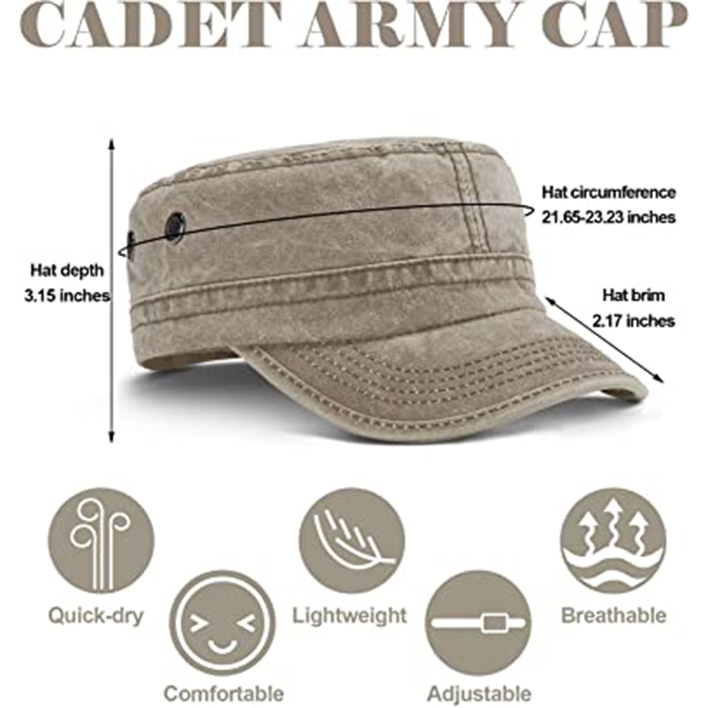 VOBOOM Leather Cadet Army Cap Adjustable Flat Top Cap Military Style